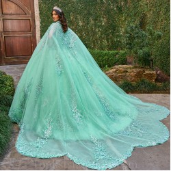 Aqua Quince Dress Instagram Sleeveless Gowns Lace Appliques Wear Pageant Sweetheart Neck Vestidos De 15 Anos With Cape