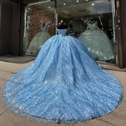 Basque Waist Metallic Lace Sapphire Blue Quinceanera Dresses With Pearls