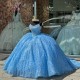 Basque Waist Metallic Lace Sapphire Blue Quinceanera Dresses With Pearls