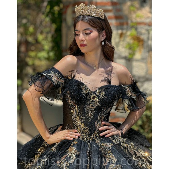 Black Quince Dress Sweetheart Neck Girls Sweet 16 Dresses Sequin Gold Lace Appliques Vestidos De 15 Anos Off Shoulder Wear Pageant