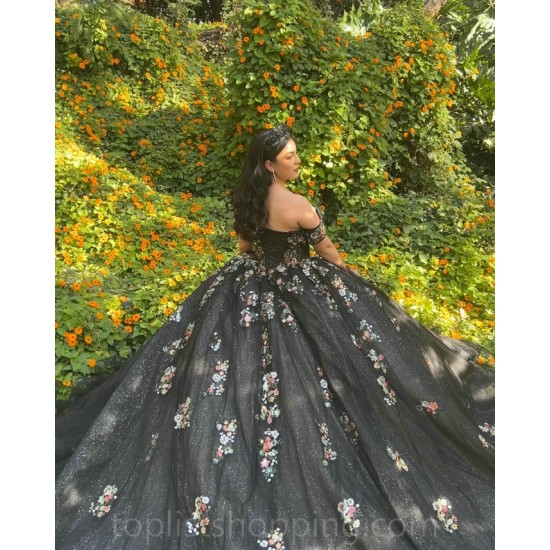 Off Shoulder Vestidos De 15 Anos Black Quinceanera Dress 3D Flowers Wear Pageant Sweetheart Neck Sweet 15 Prom Party Dresses