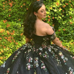 Off Shoulder Vestidos De 15 Anos Black Quinceanera Dress 3D Flowers Wear Pageant Sweetheart Neck Sweet 15 Prom Party Dresses