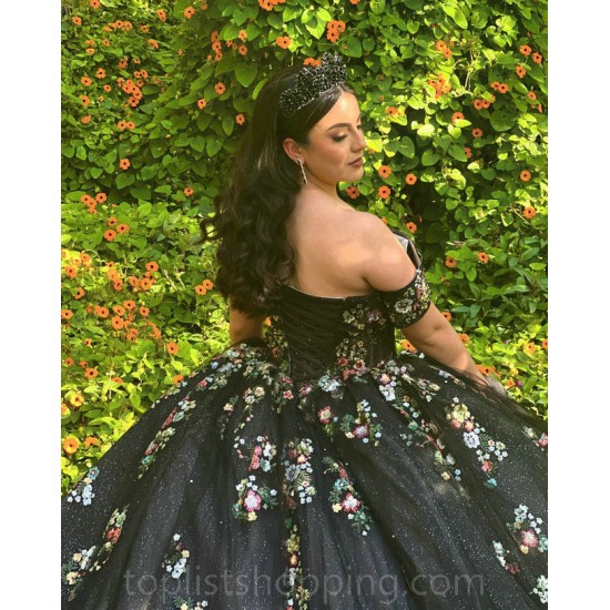 Off Shoulder Vestidos De 15 Anos Black Quinceanera Dress 3D Flowers Wear Pageant Sweetheart Neck Sweet 15 Prom Party Dresses