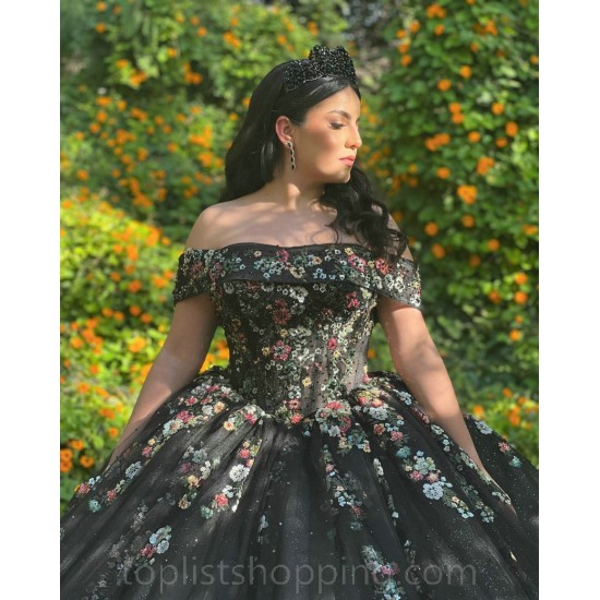 Off Shoulder Vestidos De 15 Anos Black Quinceanera Dress 3D Flowers Wear Pageant Sweetheart Neck Sweet 15 Prom Party Dresses