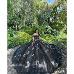 Off Shoulder Vestidos De 15 Anos Black Quinceanera Dress 3D Flowers Wear Pageant Sweetheart Neck Sweet 15 Prom Party Dresses