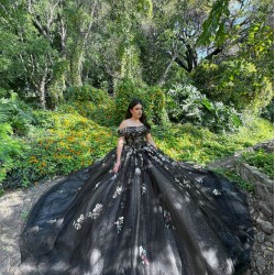 Off Shoulder Vestidos De 15 Anos Black Quinceanera Dress 3D Flowers Wear Pageant Sweetheart Neck Sweet 15 Prom Party Dresses