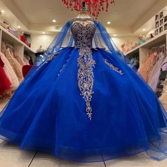 Tull Floral Corset vestidos de xv 15 años Blue Ball Gown Quinceanera Dresses with Cloak Cape Cathedral Train