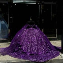 Cape Sleeve Purple Quinceanera Dress Beading Sweetheart Neck Vestidos De 15 Anos Sequin Instagram Gowns Lace Appliques Princess Dress