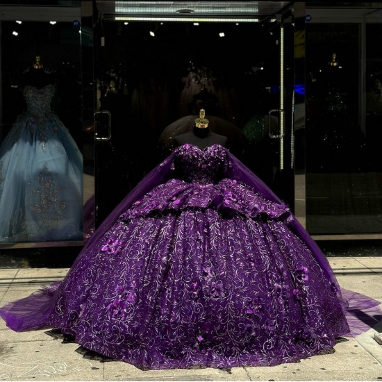 Cape Sleeve Purple Quinceanera Dress Beading Sweetheart Neck Vestidos De 15 Anos Sequin Instagram Gowns Lace Appliques Princess Dress