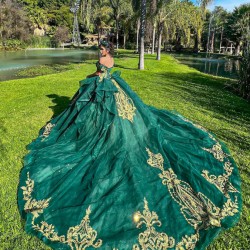 Off Shoulder Emerald Green Quinceanera Dress Vestidos De 15 Anos Lace Appliques Wear Pageant 