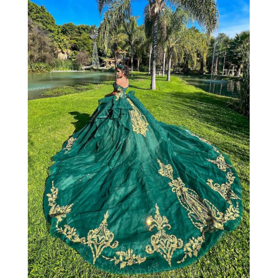 Off Shoulder Emerald Green Quinceanera Dress Vestidos De 15 Anos Lace Appliques Wear Pageant 