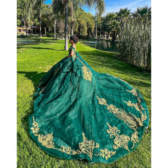 Off Shoulder Emerald Green Quinceanera Dress Vestidos De 15 Anos Lace Appliques Wear Pageant 