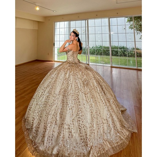 Gold Vestidos De 15 Anos Sweetheart Neck Quinceanera Dress Sequin Off Shoulder Sweet 15 Gowns With 3D Flowers