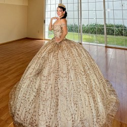 Gold Vestidos De 15 Anos Sweetheart Neck Quinceanera Dress Sequin Off Shoulder Sweet 15 Gowns With 3D Flowers