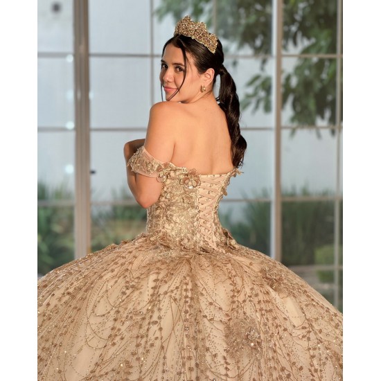 Gold Vestidos De 15 Anos Sweetheart Neck Quinceanera Dress Sequin Off Shoulder Sweet 15 Gowns With 3D Flowers