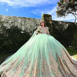 Jacket Green On Gold Quinceanera Dress Wear Pageant Vestidos De 15 Anos Lace Appliques Birthday Party Dress