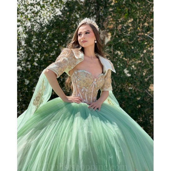 Jacket Green On Gold Quinceanera Dress Wear Pageant Vestidos De 15 Anos Lace Appliques Birthday Party Dress