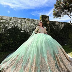 Jacket Green On Gold Quinceanera Dress Wear Pageant Vestidos De 15 Anos Lace Appliques Birthday Party Dress