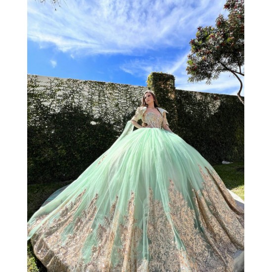 Jacket Green On Gold Quinceanera Dress Wear Pageant Vestidos De 15 Anos Lace Appliques Birthday Party Dress