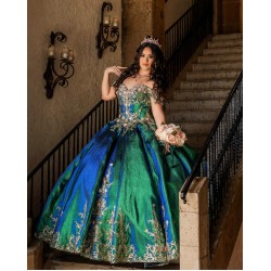 Green On Blue Quince Dress Off Shoulder 15 Anos Lace Appliques Sequin Women 2024 Ball Gown Sweetheart Neck Girl Birthday Gowns