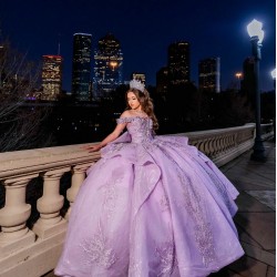 Lace Appliques Lilac Quince Dress Off Shoulder 15 Anos Sequin Women 2024 Ball Gown Sweetheart Neck Girl Birthday Gowns With Bow