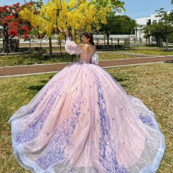 Lilac Quince Dress Sweetheart Neck 15 Anos Detachable Women 2024 Ball Gown Lace Appliques Crystal Girl Birthday Gowns