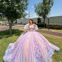 Lilac Quince Dress Sweetheart Neck 15 Anos Detachable Women 2024 Ball Gown Lace Appliques Crystal Girl Birthday Gowns