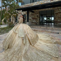 Long Sleeve Gold Quinceanera Dress Pearl Sequin Birthday Party Gowns Lace Appliques Sweetheart Neck Vestidos De 15 Anos