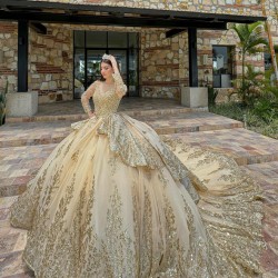 Long Sleeve Gold Quinceanera Dress Pearl Sequin Birthday Party Gowns Lace Appliques Sweetheart Neck Vestidos De 15 Anos