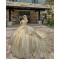 Long Sleeve Gold Quinceanera Dress Pearl Sequin Birthday Party Gowns Lace Appliques Sweetheart Neck Vestidos De 15 Anos