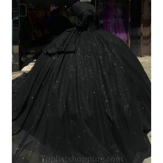 Off Shoulder Black Vestidos De 15 Anos Sweet 15 Gowns Sequin Quinceanera Dress Sweetheart Neck 2024 Ball Gown Princess Dresses With Bow