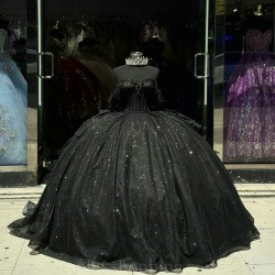 Off Shoulder Black Vestidos De 15 Anos Sweet 15 Gowns Sequin Quinceanera Dress Sweetheart Neck 2024 Ball Gown Princess Dresses With Bow