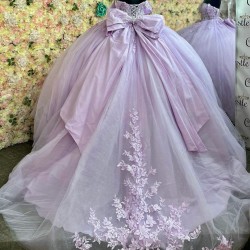 Off Shoulder Lilac Quinceanera Dresses Sweetheart Neck Vestidos De 15 Anos Lace Appliques 15 Dress With Bow