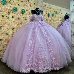 Off Shoulder Lilac Quinceanera Dresses Sweetheart Neck Vestidos De 15 Anos Lace Appliques 15 Dress With Bow