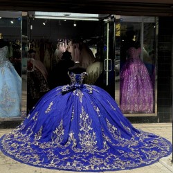 Off Shoulder Blue Quinceanera Dress Sweet 15 Gowns Sequin Wear Pageant Lace Appliques Sweetheart Neck Vestidos De 15 Anos With Bow