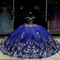 Off Shoulder Blue Quinceanera Dress Sweet 15 Gowns Sequin Wear Pageant Lace Appliques Sweetheart Neck Vestidos De 15 Anos With Bow