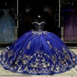 Off Shoulder Blue Quinceanera Dress Sweet 15 Gowns Sequin Wear Pageant Lace Appliques Sweetheart Neck Vestidos De 15 Anos With Bow