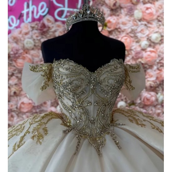 Off Shoulder Champagne Quinceanera Dress Birthday Party Gowns Gold Lace Appliques Sweetheart Neck Vestidos De 15 Anos With Bow