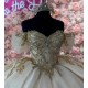 Off Shoulder Champagne Quinceanera Dress Birthday Party Gowns Gold Lace Appliques Sweetheart Neck Vestidos De 15 Anos With Bow