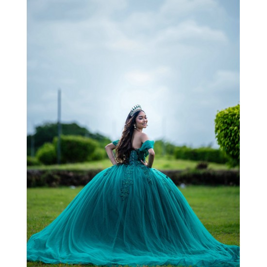 Off Shoulder Green Quinceanera Dress Sequin Birthday Party Gowns Lace Appliques Sweetheart Neck Vestidos De 15 Anos