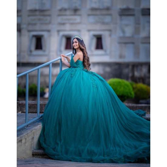 Off Shoulder Green Quinceanera Dress Sequin Birthday Party Gowns Lace Appliques Sweetheart Neck Vestidos De 15 Anos