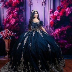 Off Shoulder Navy Blue Quinceanera Dress Birthday Party Gowns Lace Appliques Sweetheart Neck Vestidos De 15 Anos