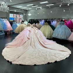 Off Shoulder Pink Quinceanera Dress Beading Vestidos De 15 Anos Sequin Instagram Gowns Lace Appliques Princess Dress With Cathedral Train