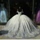 V Neck Silver Quinceanera Dress Crystal Sweet 15 Gowns Lace Appliques Off Shoulder Wear Pageant 2024 Ball Gown Princess Dresses