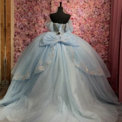 Off Shoulder Sky Blue Quinceanera Dress Sweet 15 Gowns Sequin Wear Pageant Sweetheart Neck Vestidos De 15 Anos With Bow