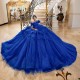 Off Shoulder Tiered Blue Quinceanera Dress Birthday Party Gowns Sequin Sweetheart Neck Vestidos De 15 Anos