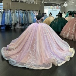 Off Shoulder Vestidos De 15 Anos Crystal Pink Quinceanera Dress Lace Appliques Sweetheart Neck Sheer Bodice Tailor Made Women Clothing