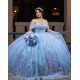 Off Shoulder Vestidos De 15 Anos Lace Appliques Sky Blue Quince Dress Sequin Princess Dress With Bow