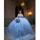 Off Shoulder Vestidos De 15 Anos Lace Appliques Sky Blue Quince Dress Sequin Princess Dress With Bow