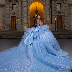 Pearl Sequin Blue Quinceanera Dress Off Shoulder Girl Women Dress Sweetheart Neck Vestidos De 15 Anos With Bow